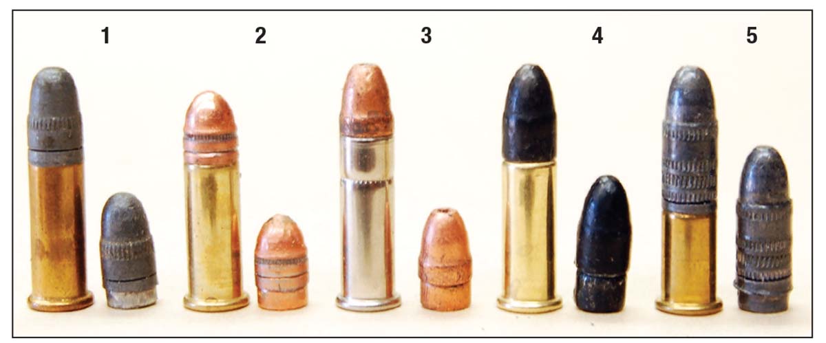 Today’s 22 LR bullets: (1) Federal 40-grain bullet, (2) CCI 32-grain bullet, (3) Stinger 32-grain bullet, (4) CCI Suppressor 45-grain bullet and (5) Aguila 60-grain bullet.